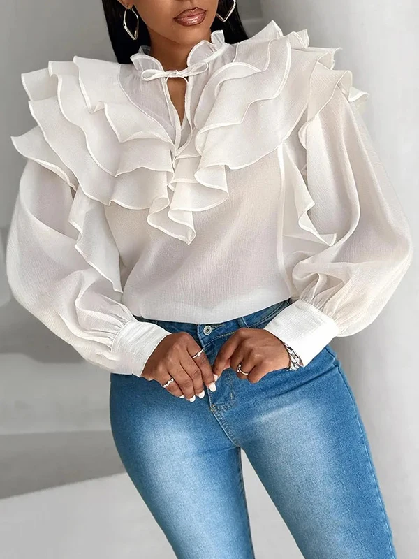 Gymystars White Blouse Female 2024 New Pleated See-Through Solid Color Loose Puff Sleeves Stand Collar Women‘s Blouses Shirts