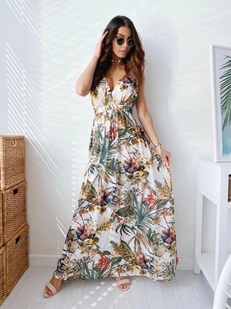 Vestido largo bohemio con estampado Floral para mujer, traje Sexy con Espalda descubierta, cuello en V, sin mangas, corte en A