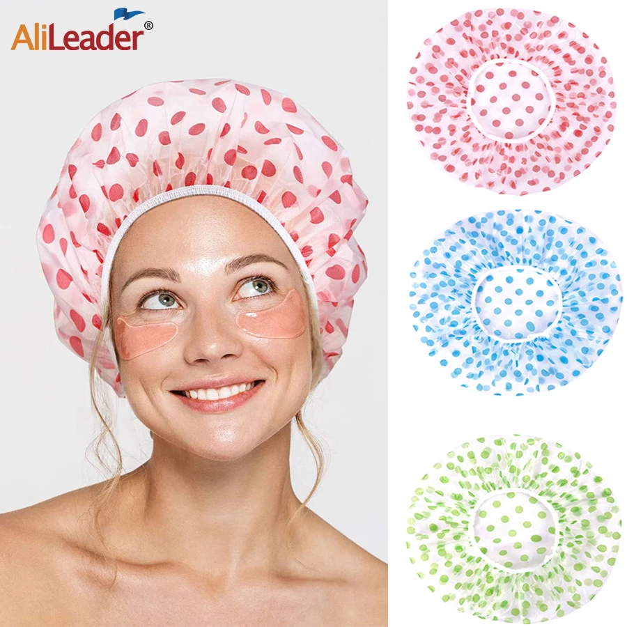 Alileader Portable Waterproof Shower Cap 3 Colors Dot Plastic Shower Caps Reusable Elastic Large Shower Cap For Women Long Hair