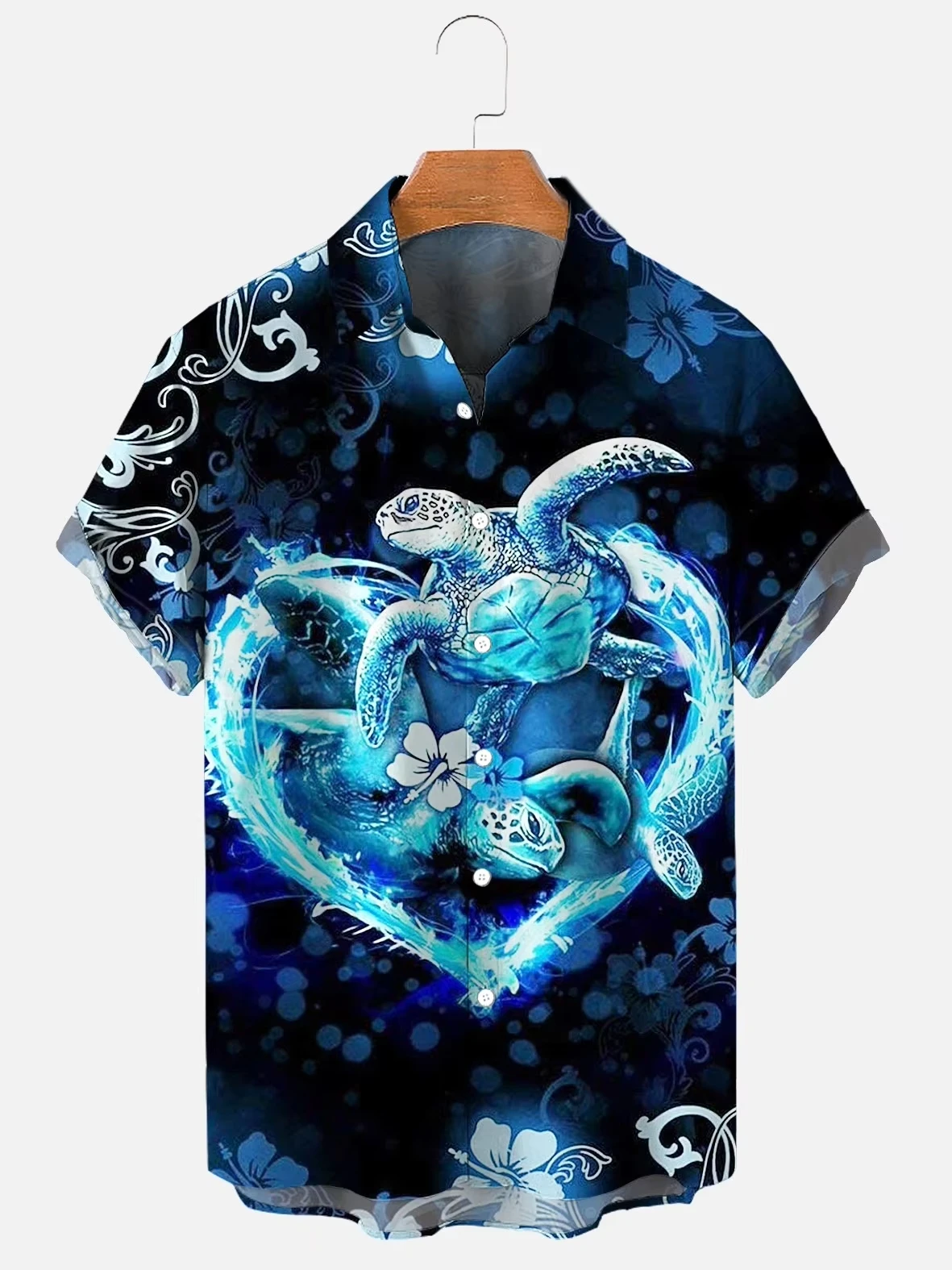 

Fashionable summer turtle print shirts Hawaiian button Men's beach short sleeved Casual lapel
