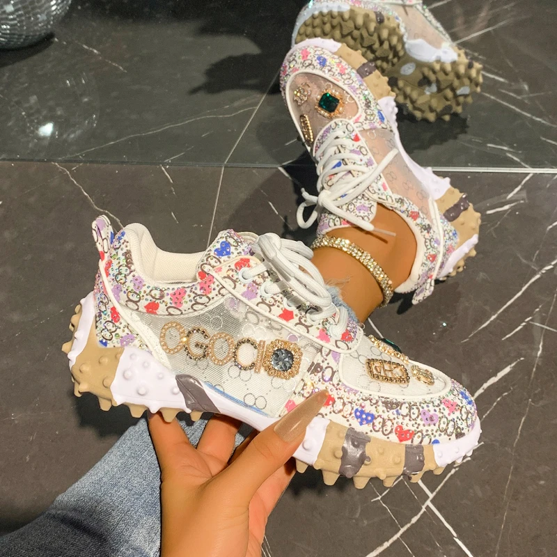 High-appearation-level Thick-soled Lace-up Rhinestone Fashionable, Comfortable, Anti-slip and Breathable Sports Women's Shoes