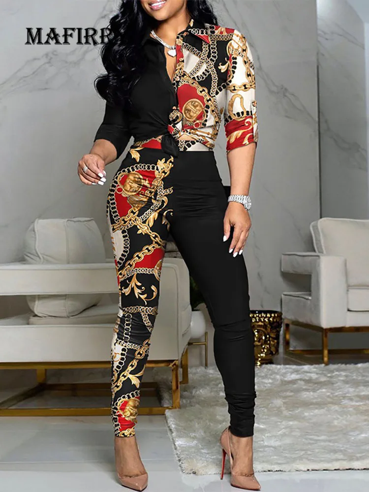 

Women Luxury Chic Patchwork Pants Matching Set Female Long Sleeve Retro Print Two Piece Sets Pencil Pants Slim Suit Pants Outfit