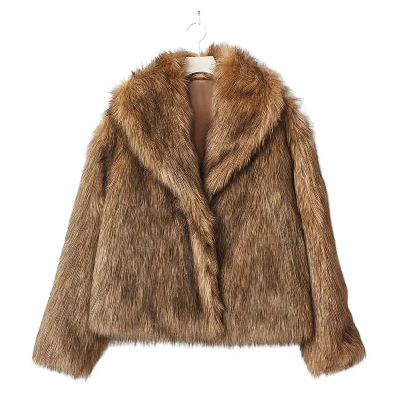 Luxury Brown Women\'s Fluffy Faux Fur Warm Short Coat Chic Lapel Collar Long Sleeve Furry Jacket Winter 2024 Lady High Streetwear