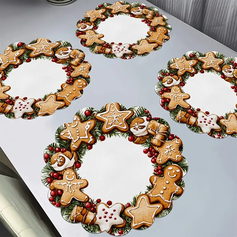 VIKAMA Gingerbread Man Star Cookie Wreath Placemat White Background Wavy Edge Candy Cane Pine Berry Christmas Table Mat Decor