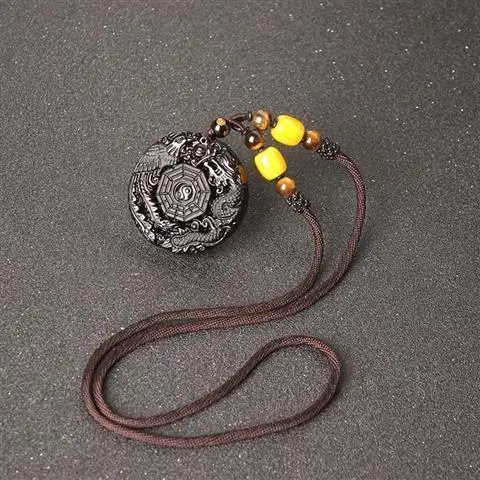 Chinese Style Natural Black Gold Obsidian Dragon Phoenix Bagua Yin Yang Tai Chi Pendant Necklace Lucky Blessing Protection Amule