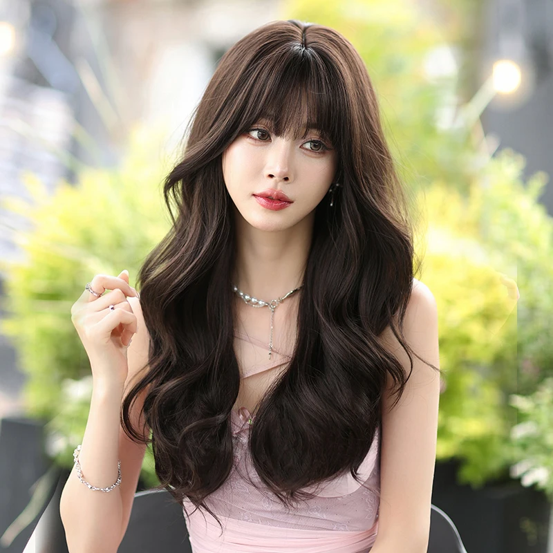 7JHH WIGS High Density Synthetic Dark Brown Wig for Women Daily Use Long Body Wavy Black Tea Wigs with Bangs Beginner Friendly