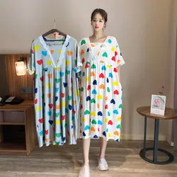 150kg Large Size Loose Home Dress Women Summer Ice Silk Nightdress Japanese Style V-neck Sweet Short Sleeve Pregnant Pajamas