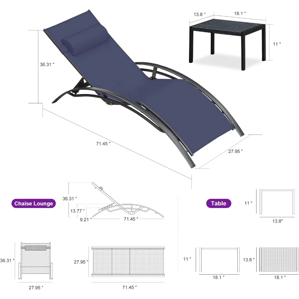 طقم كراسي استرخاء كبيرة الحجم للفناء مع طاولة جانبية لحمام السباحة وكراسي كرسي قابلة للتعديل للشاطئ الخارجي.