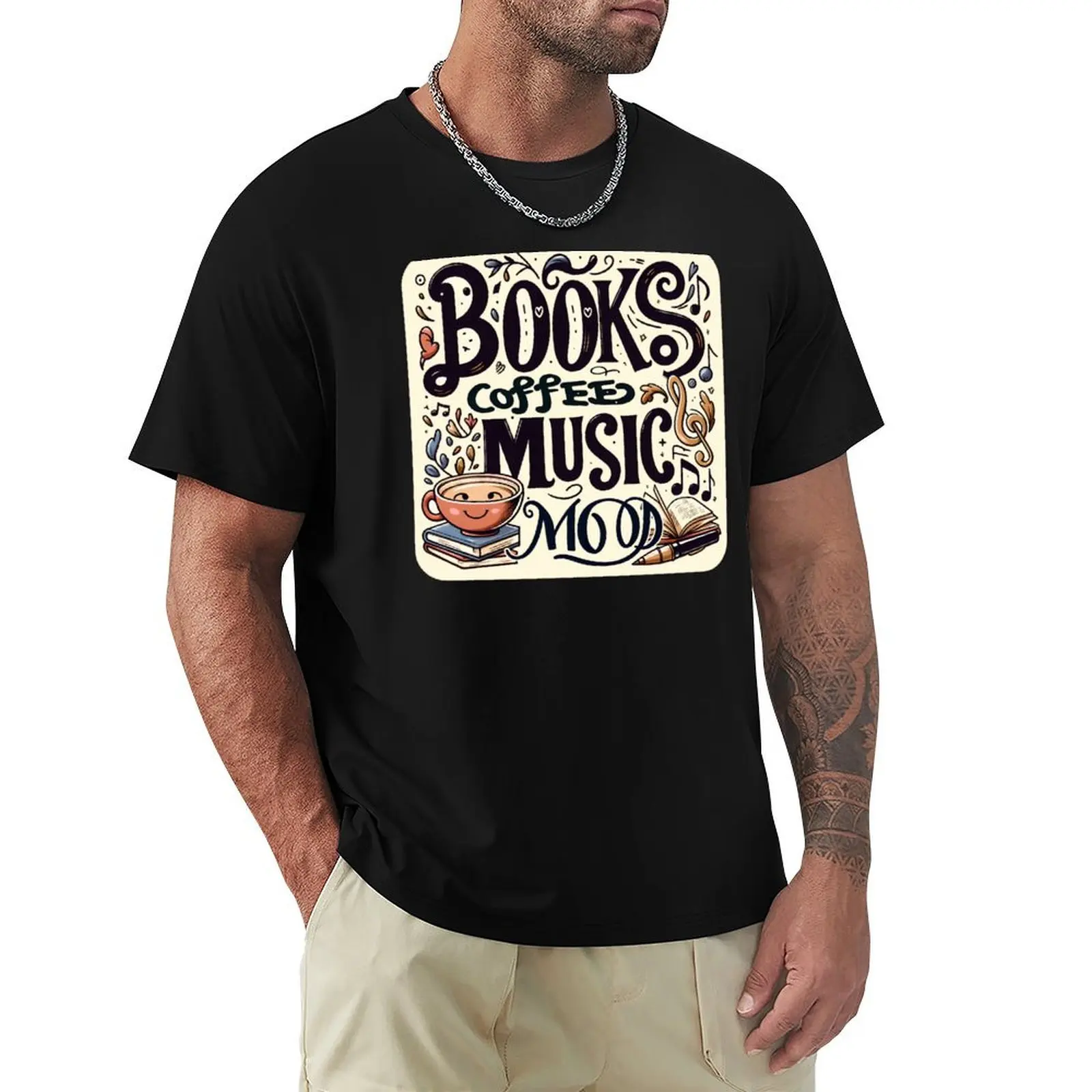 Books Coffee Music Mood, typography T-Shirt tees shirts graphic tees T-shirt men