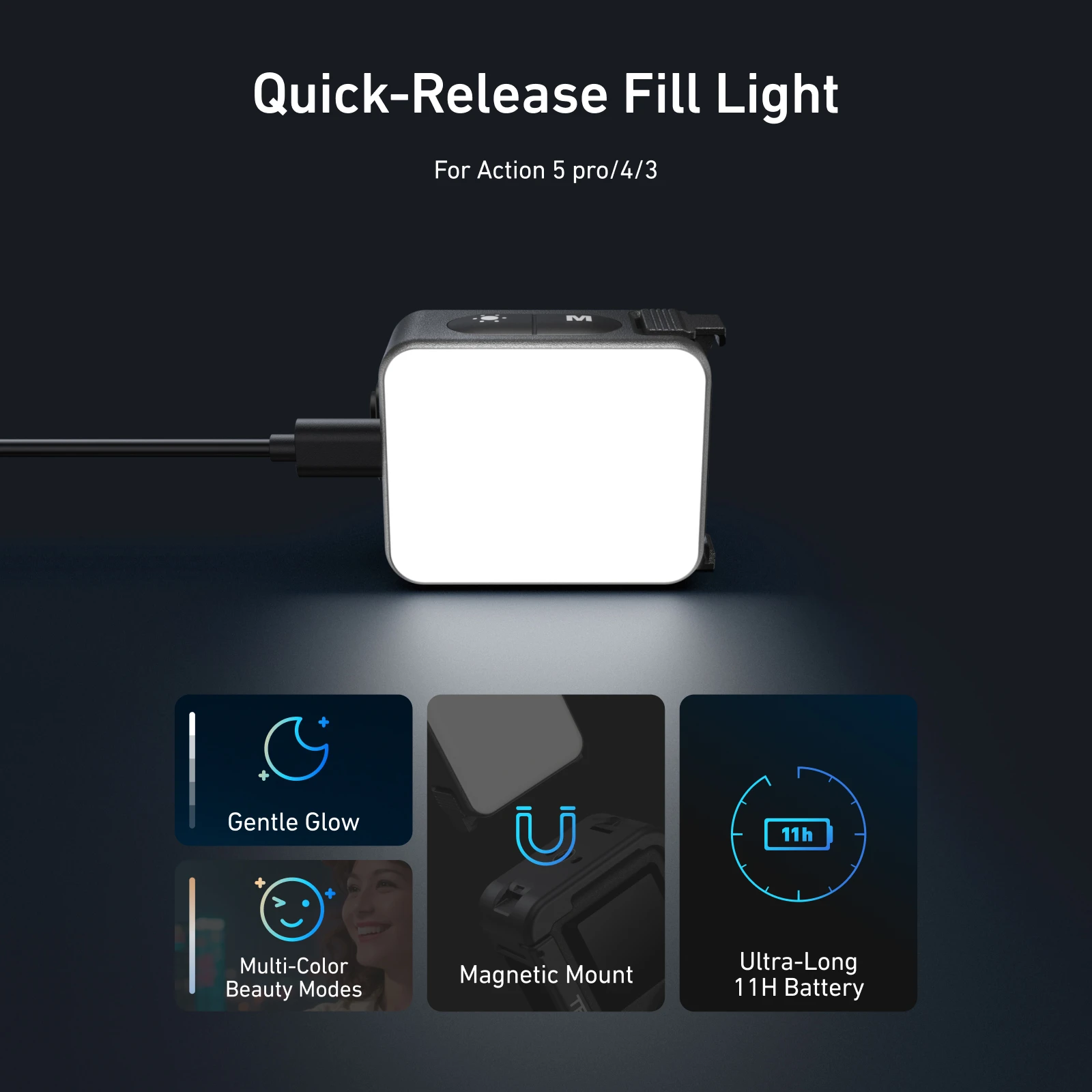 TELESIN Quick Release Fill Light Mini Waterproof Selfie Light For DJI OSMO Action 2 3 4 5pro Mini Selfie Light For Action Camera