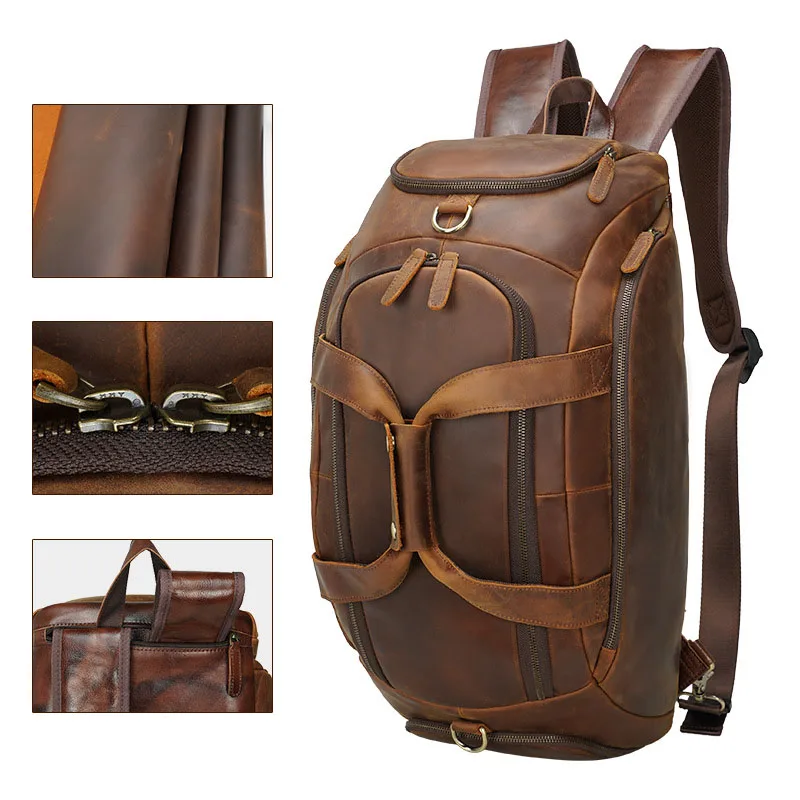 Crazy Horse Leather Travel Handbag Backpack Bag Travel Totes Overnight Duffle Bags Mens Hand Luggage Duffle Bags Backpacks Men