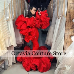 Special Red O Neck Evening Dresses With Full Sleeve Ruffles Pageant Party Dress Mermaid Formal Dresses Customized