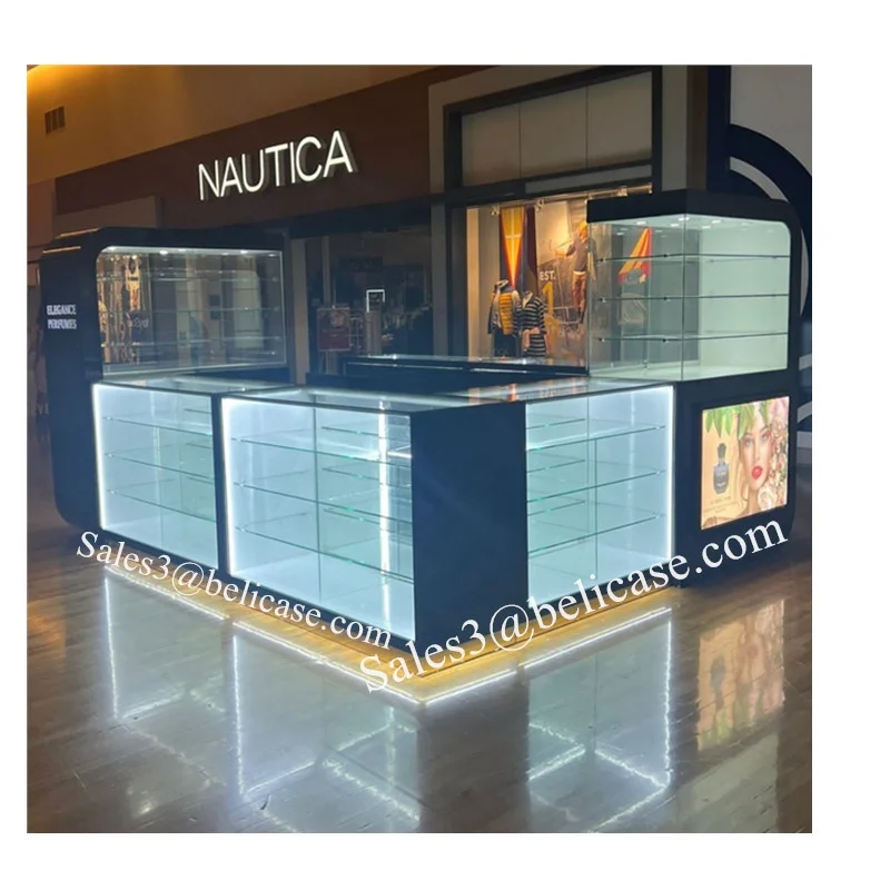 

2025customized.Modern Shopping Mall Perfume Booth Jewelry Display Kiosk Perfume Store Showcase with LED Lighting