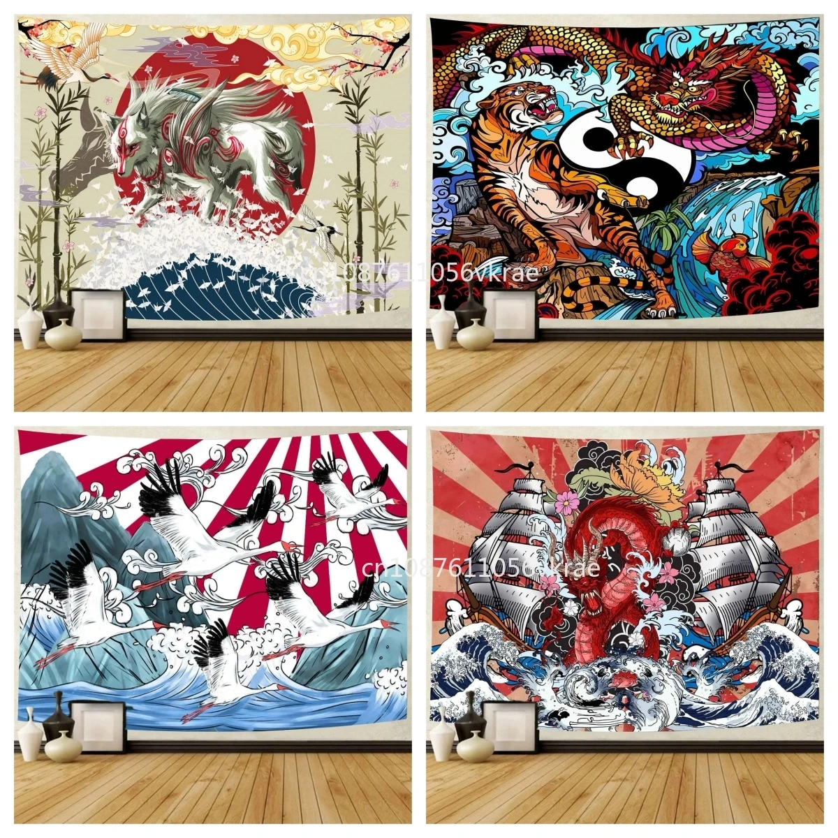 Japanese Tapestry White Cool Wolf Mount Fuji Red Sun Tapestries Ukiyo-e Waves Clouds Bamboo Crane Asian Style Art Wall Blankets