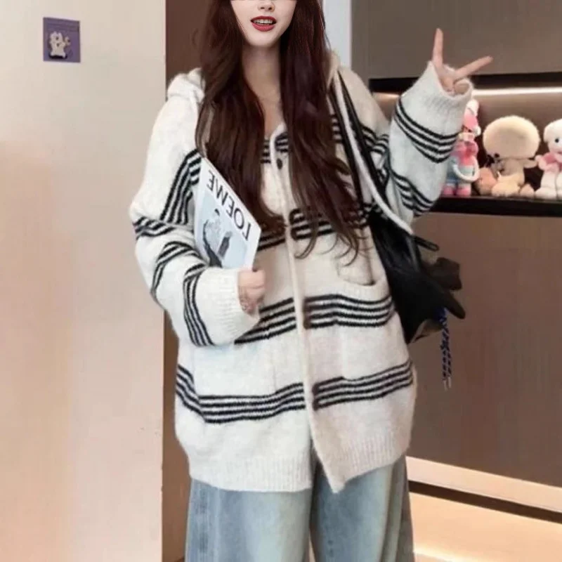 

Autumn New Striped Color-Block Hooded Knitted Cardigan Women'S Lazy Style Korean Mid-Length Sweater Coat