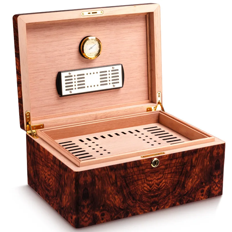 Handmade Cigar Box for 150 Cigars, Cigar Humidor with Hygrometer and Humidifier, Removable Cedar Tray Design Humidor Crushproof