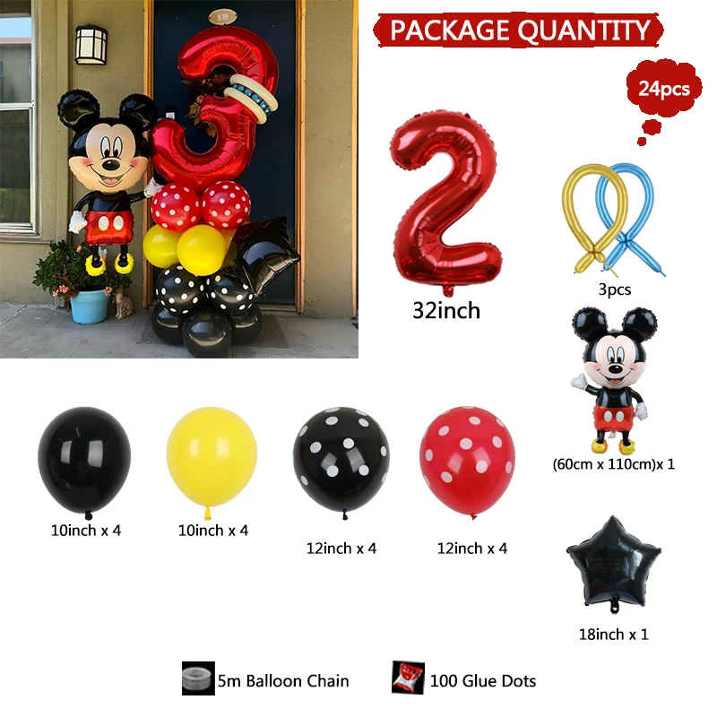 24pcs Disney Mickey Mouse Balloon Set Black White Yellow Latex Balloon for 1-9age Child Birthday Party Baby Shower Decor Globos