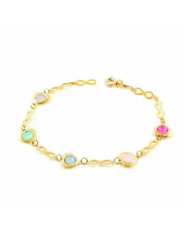 Infinite yellow gold bracelet with Hearts and colored stones (9kts)