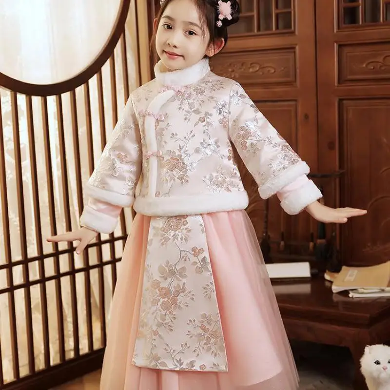 

Kid Winter New Year Greeting Costume Chinese Style Girl Retro Button Hanfu Ancient Flower Print Qipao Cosplay Party Performance