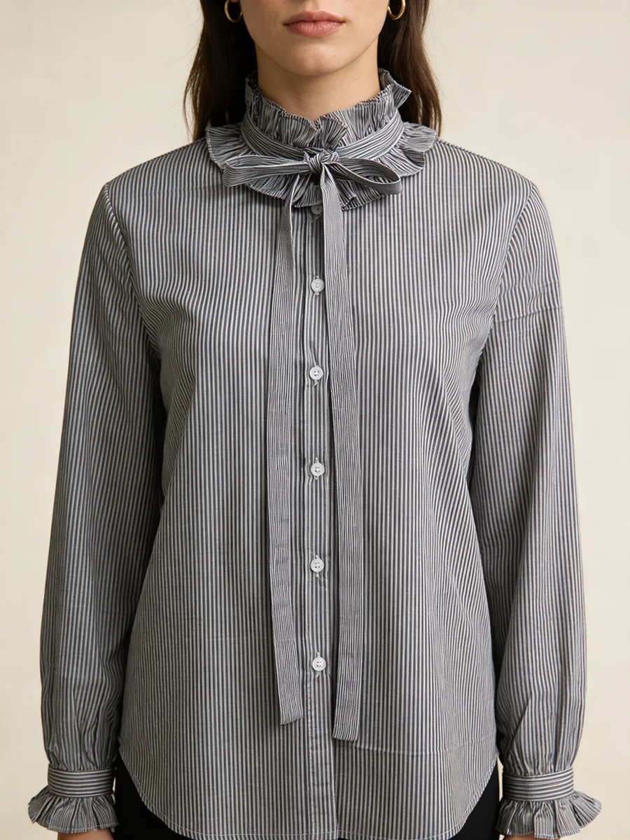 TWOTWINSTYLE قمصان مكتب أنيقة مخططة للنساء تكدرت طوق التعادل التفاصيل طويلة الأكمام تكدرت الكفة ضئيلة قميص الإناث الربيع