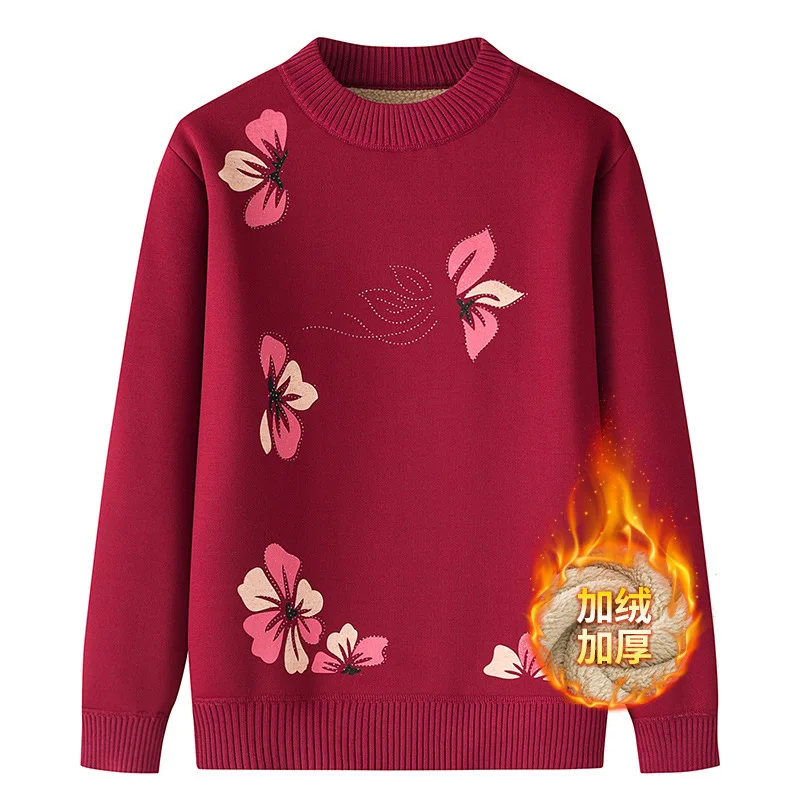 

Пуловер для женщин среднего и пожилого возраста, осенне-зимний вязаный свитер, женская одежда, теплая и плюшевая рубашка, женский топ