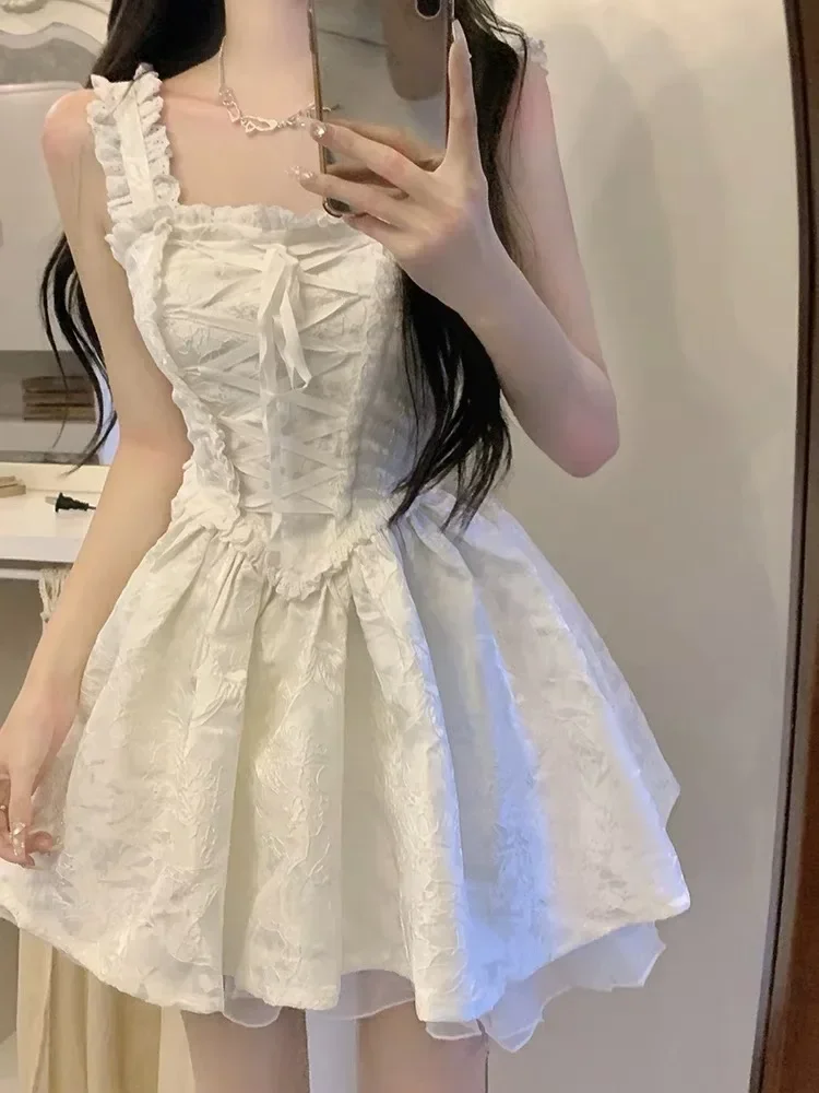 Süße Frau Kleid Mode Sommer Weiß Robe Femme Quadrat Kragen Ärmellose Bandage Rüschen Kleider 2025, Vestidos De Mujer