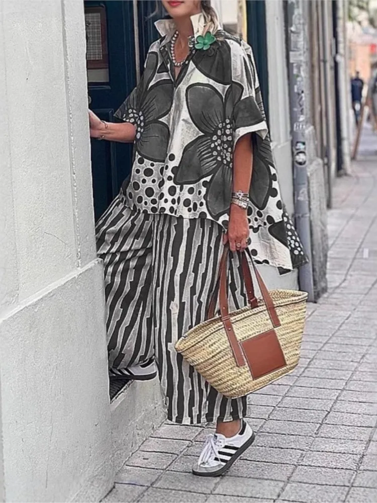 

Women's New Summer Set Fashionable Geometric Print Five Quarter Sleeve Loose Casual Single Breasted Shirt+pants Two-piece Set