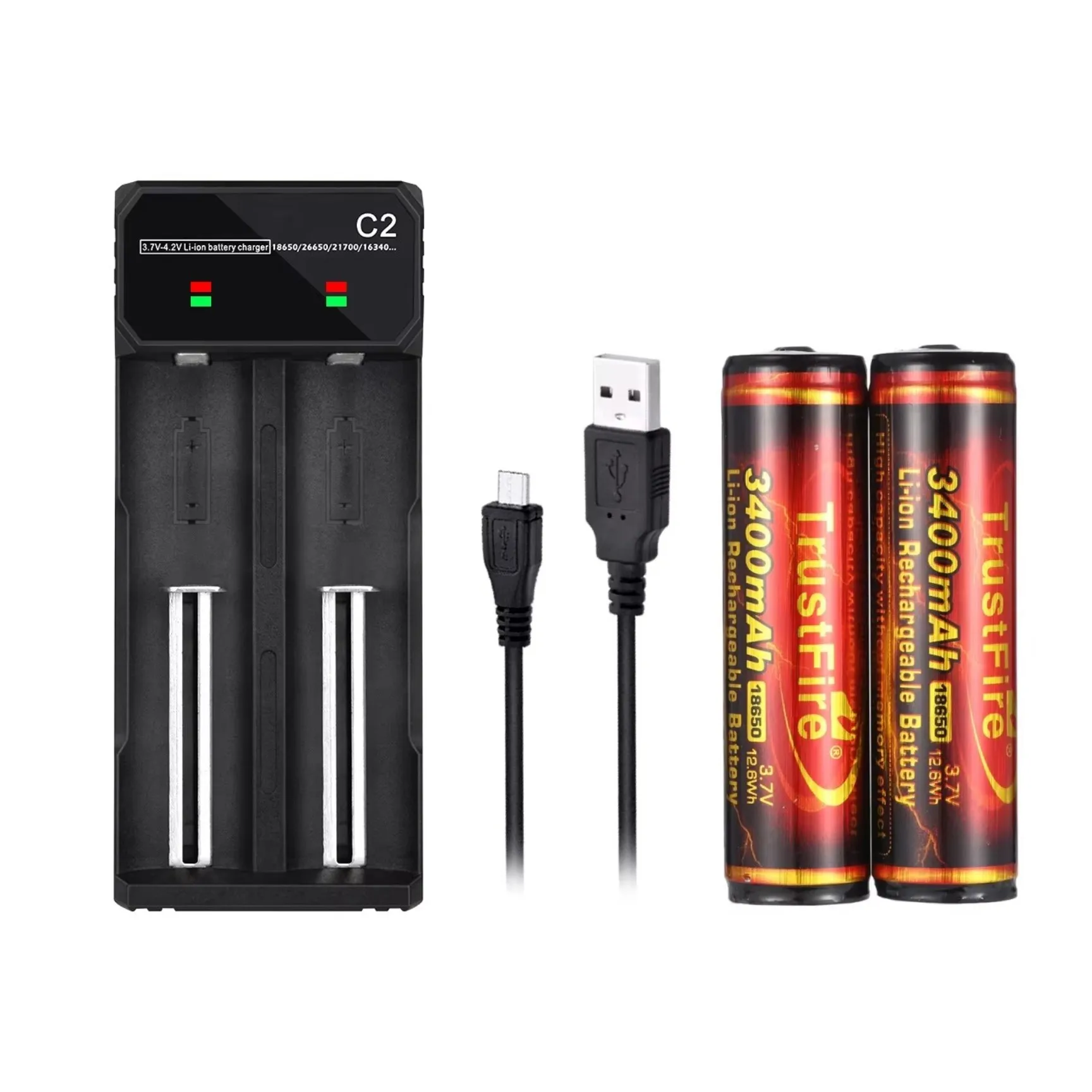 2pcs TrustFire 3.7V 3400mAh 18650 Rechargeable Battery with PCB Protected And 2 Slots 18650 Li-ion Battery Charger C2