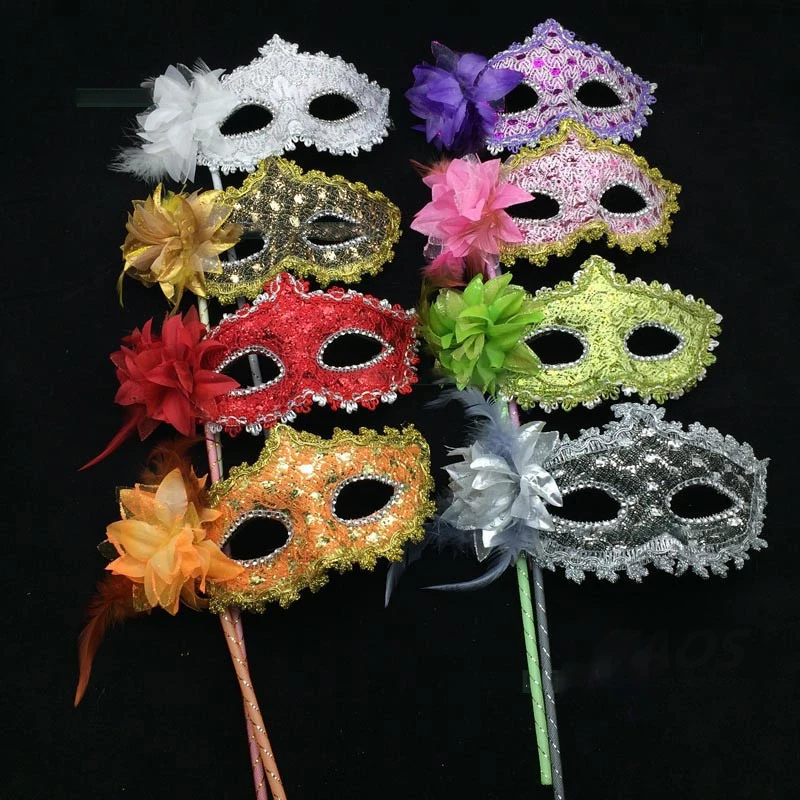 

Women Handheld Masquerade Masks White Lace Veil Translucent Half Face Mask On Stick Side Feather Flower Festival Costume Party