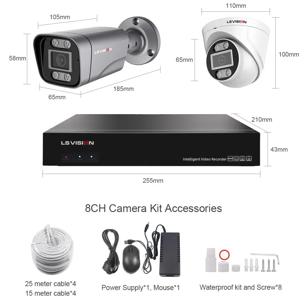 LS VISION CCTV AI Alerta POE Sistema de vigilância Segurança Cam era NVR Record KIT com alarme residencial inteligente e funções inteligentes