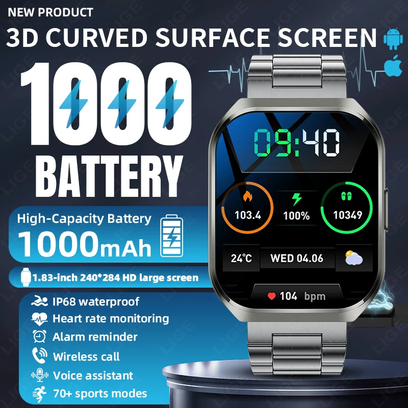 

LIGE Новые 3D-смарт-часы с изогнутой поверхностью и экраном, аккумулятор 1000 мАч, уличные водонепроницаемые спортивные Bluetooth-вызовы, монитор здоровья, умные часы