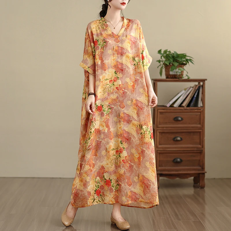 Vestido Largo de Verano con Estampado Floral, Cuello en V, Aodón, Estilo Casual de Viaje, Disimula la Figura, Falda Midi Re...