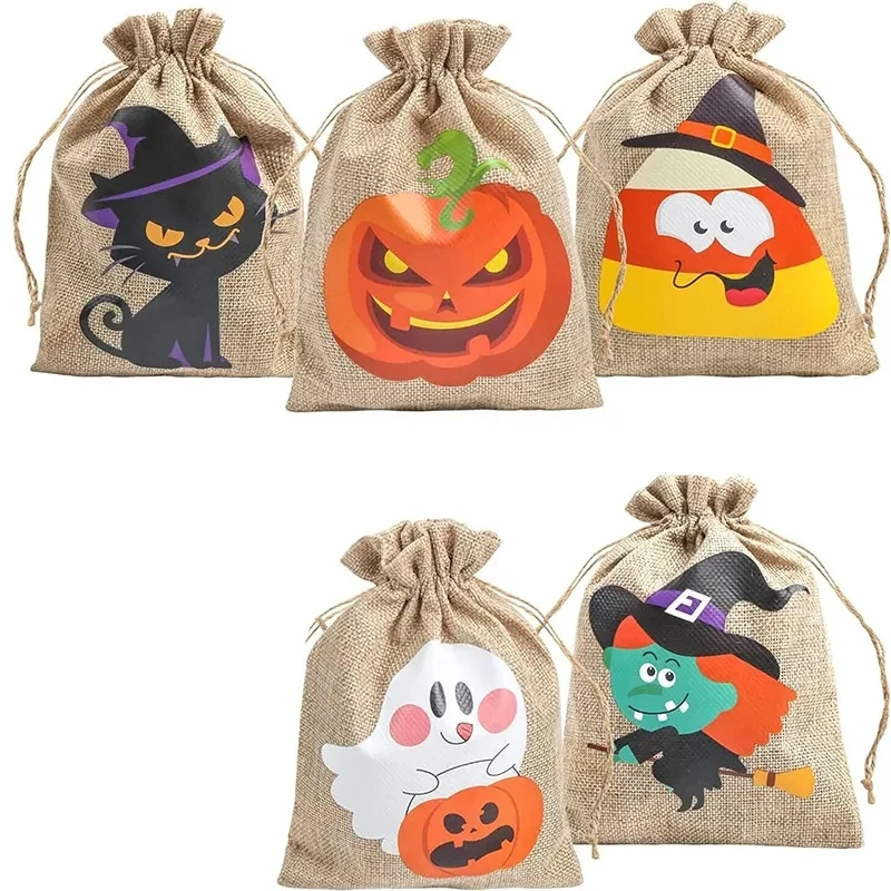 12burlap Trick or Treat candy Bags kid boy girl gift Pouch Costume accessories happy Halloween eve Party table decoration