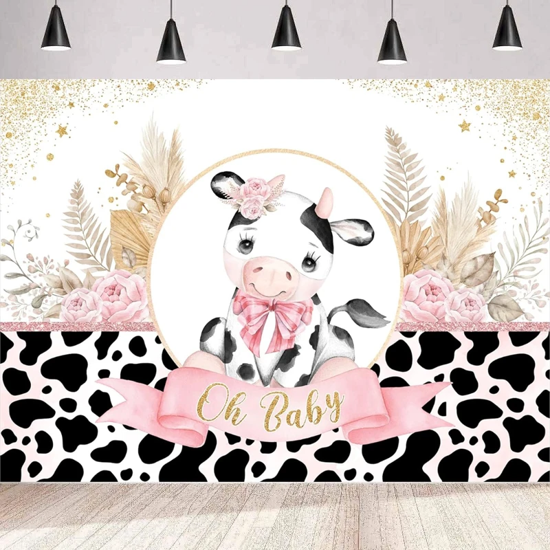 Photography Backdrop For Girls Oh Baby Sign Cow Baby Shower Decor Boho Floral Cake Table Banners Party Background Wall Banner