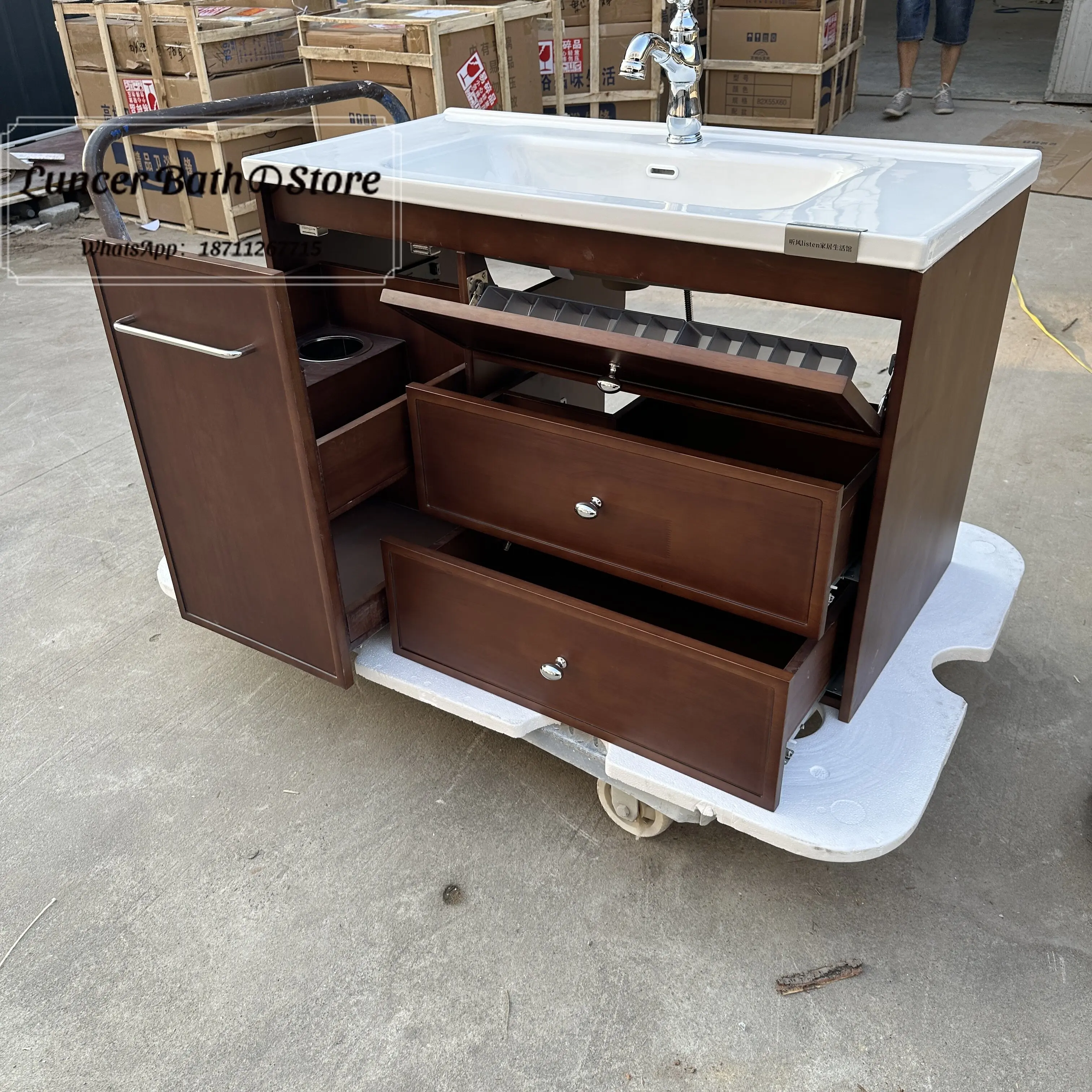 MCM Vintage Bathroom Vanity Set, Hair Dryer Pull Out Basket, Ceramic Integrated Basin for Toilet, Hand Wash Sink Cabinet