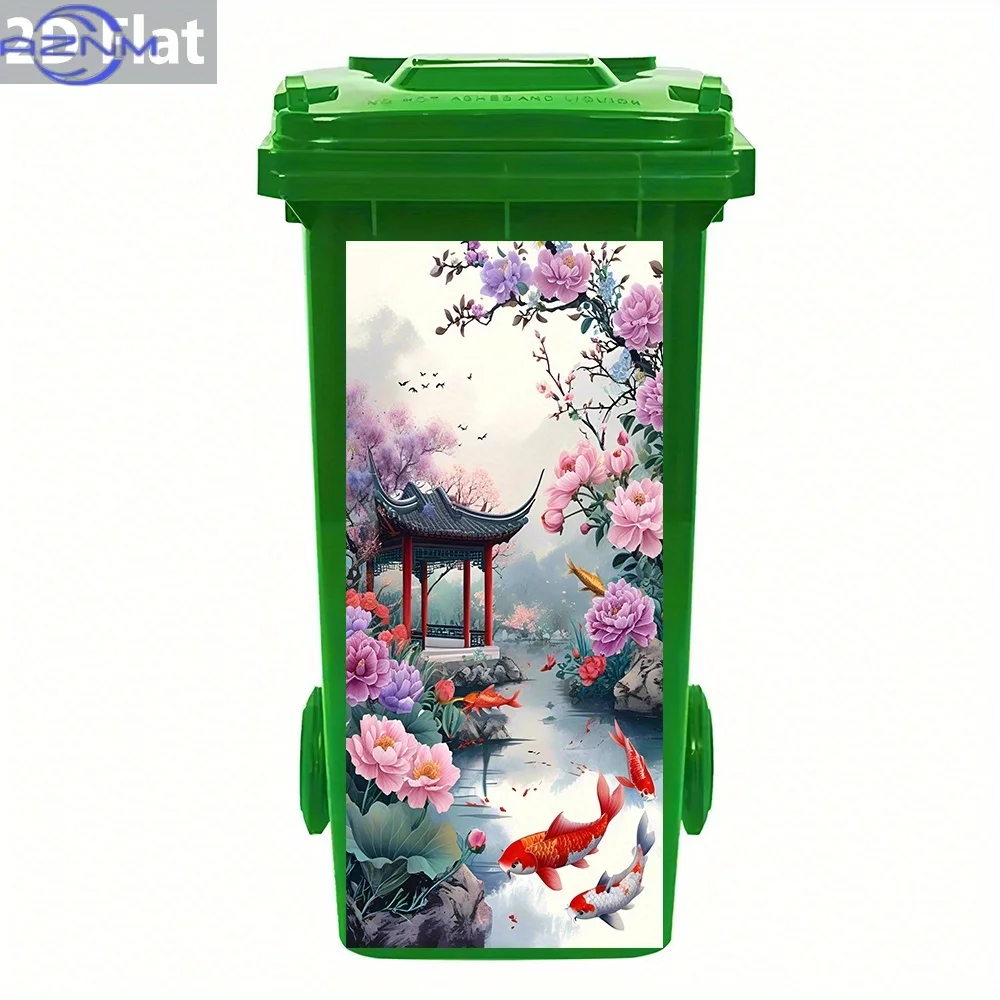 1pc Large Chinese Pavilion & Koi Pond Dumpster Decoration - Waterproof Trash Can Sticker with Removable Adhesive, Asian Garden