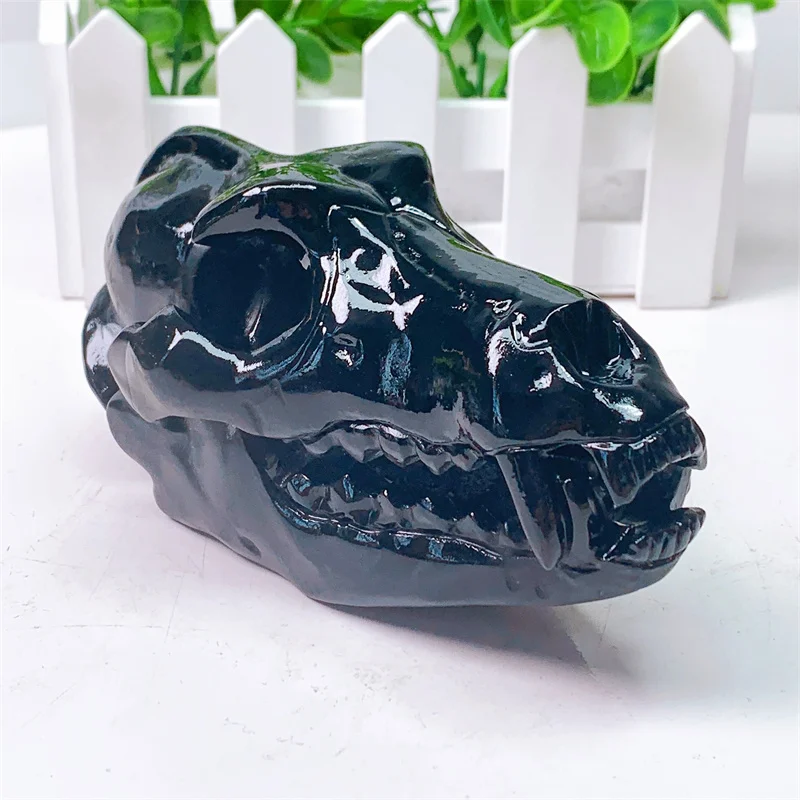 13.5CM Natural Black Obsidian Wolf Hollow Out Skull Hand Carved Animal Figurine Energy Crafts Home Decoration As Gift 1pcs