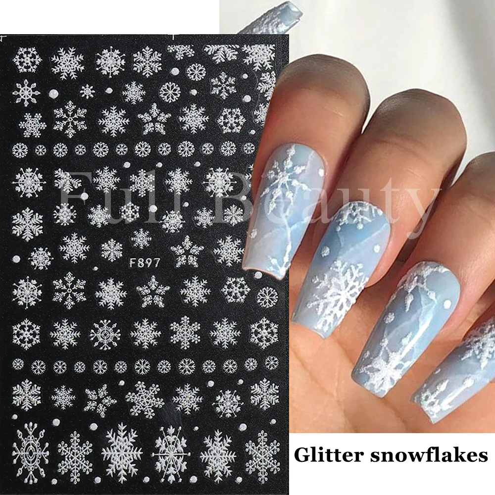 Glitter Nail Stickers Witte Sneeuwvlokken Ornamenten Reflecterende Sliders Voor Nagels Kerstversiering 2022 Manicure Decals GLF897