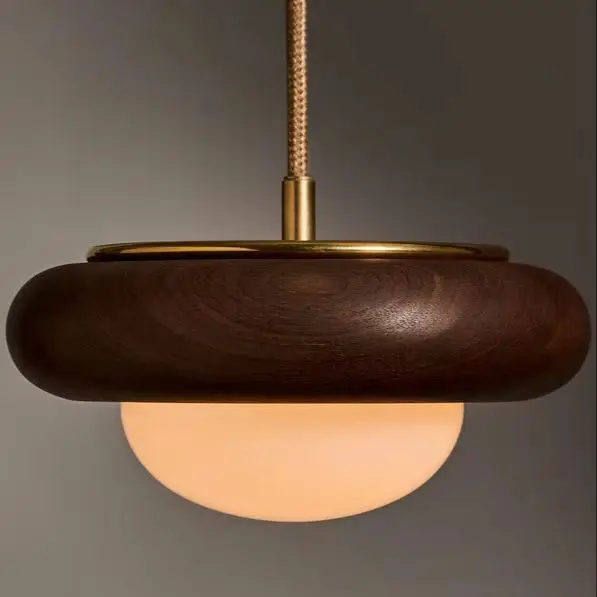 Mid Century Modern 2026 Wooden Donut Pendant Lamp Milk White Glass Shade Brass Accent Hanging Light Fixture for Dining Table