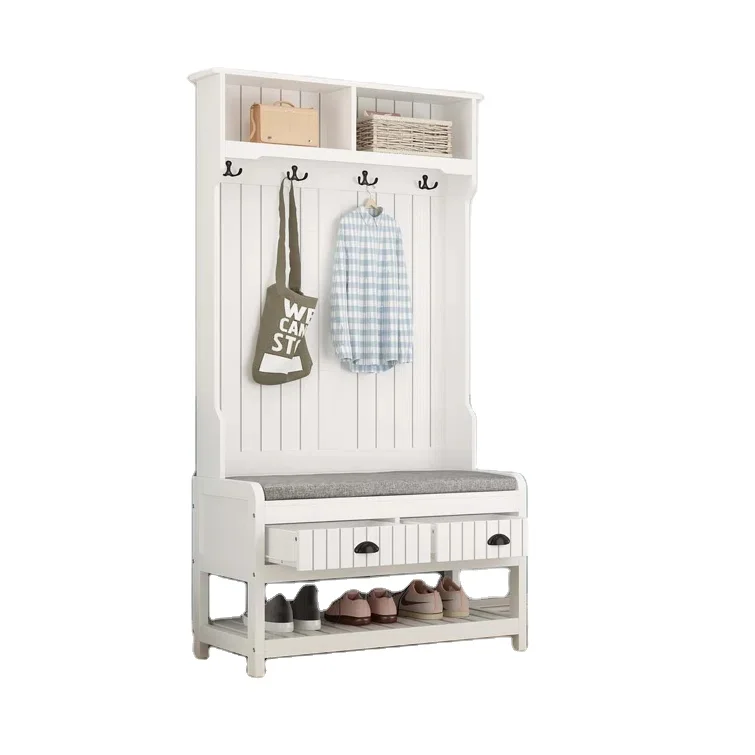 

Wide Hall Tree with Cushion Bench Shoe Storage Includes Two Display Cubbies and A Coat Rack with 4 Hooks Hall Trees Shoe Bench