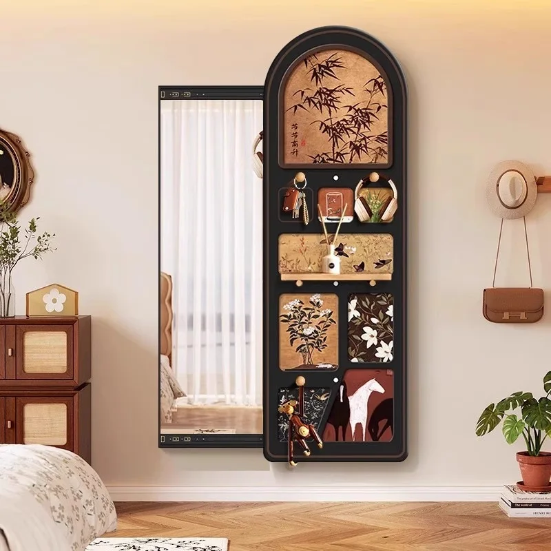 Medieval style entrance entrance hole board shelf mirror bedroom full-length mirror push-pull hidden sliding mirror