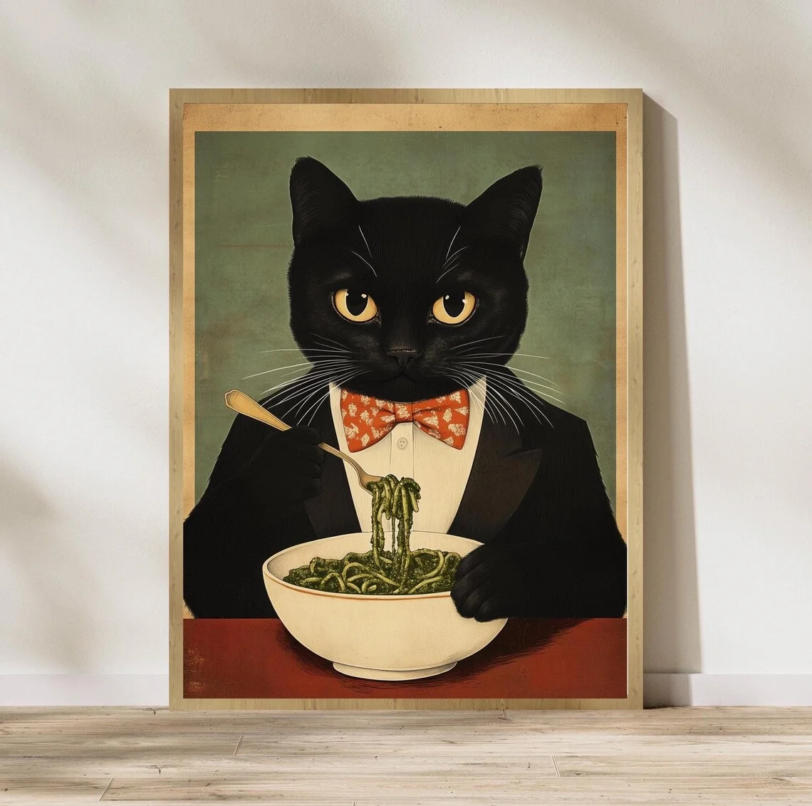 Whimsical Dapper Cat Pasta Wall Art - Nostalgic Graphic Print of a Sophisticated Cat Enjoying Pasta, Evoking Mid-Century Vintage