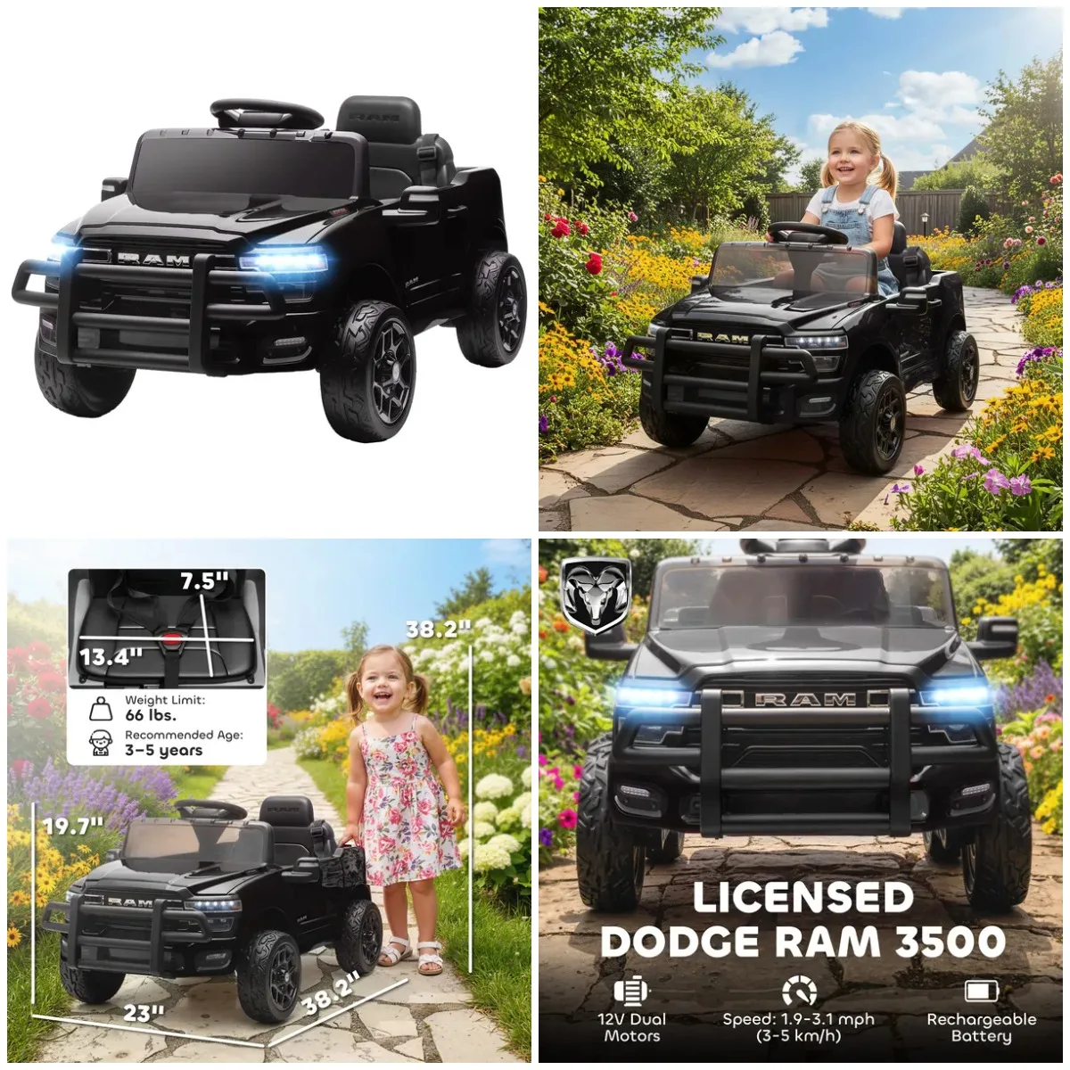 รถยนต์เด็กนั่งขับ Qaba 12V รุ่นลิขสิทธิ์ 3500 ของเล่นขี่ได้พร้อมมอเตอร์คู่ รีโมทคอนโทรลสำหรับเด็กเล็ก สีดำ