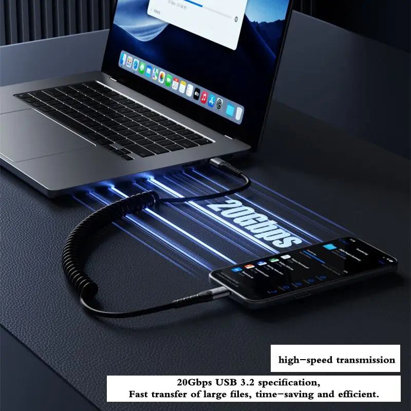 2m 4K@60Hz USB 3.2 Male to Male Spring Data Cable Type-C Male to Female Extension Cable PD100W Fast Charging 20Gbps Transmission