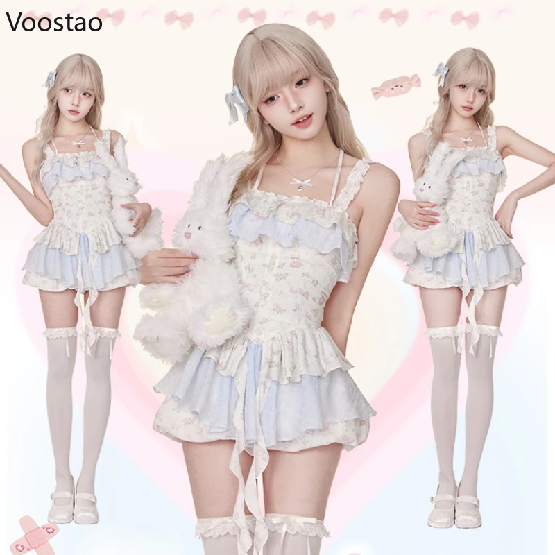 Kawaii styl Lolita 2-częściowy zestaw damski z falbanami w kwiatowy wzór wąska Mini sukienka słodkie szorty garnitur damskie japońskie słodkie stroje