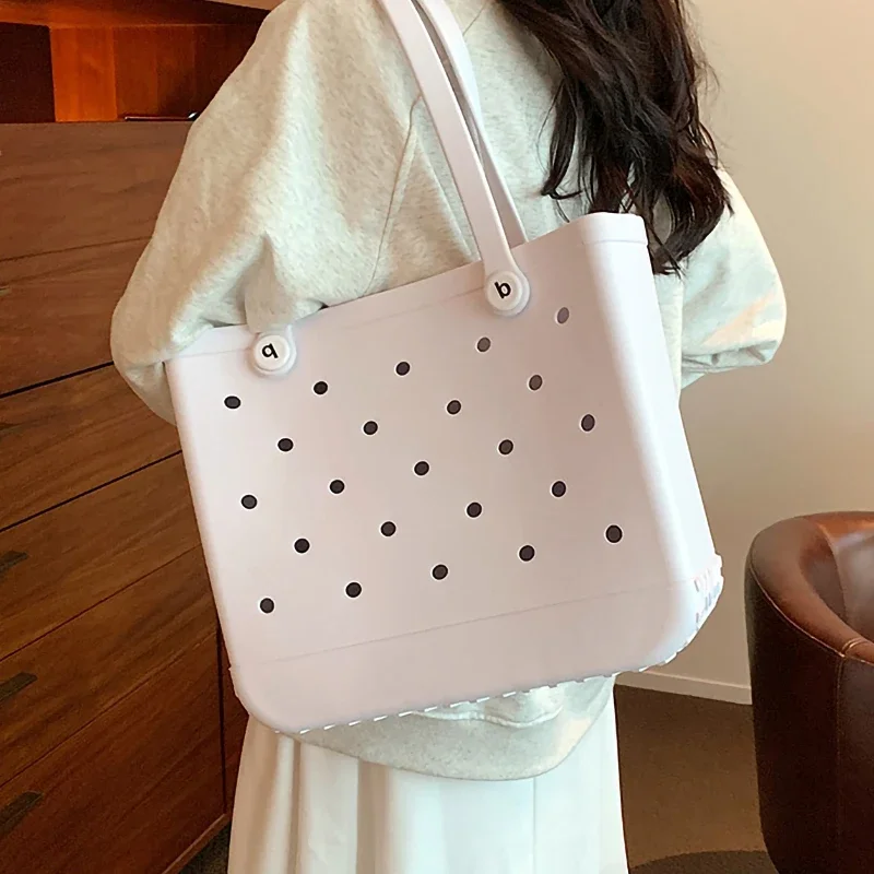 

Women Tote Beach Bag Medium Waterproof Rubber Storage Basket Summer Fashion Women Shopping Shoulder Handbag Jelly Sac Croc Bags