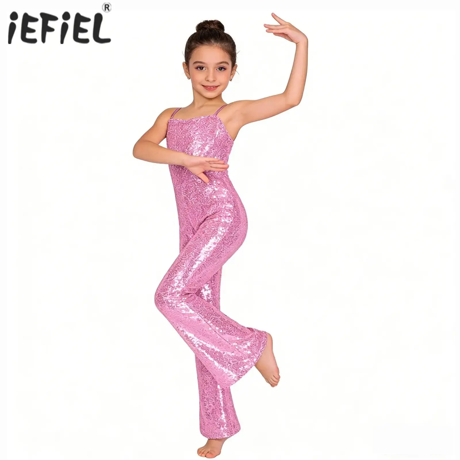 

Kids Girls Shiny Sequins Zipper Tight Fitting Jumpsuit Bell Bottom for Ballet Dancing 70s 80s Retro Hippie Disco Jazz Costume