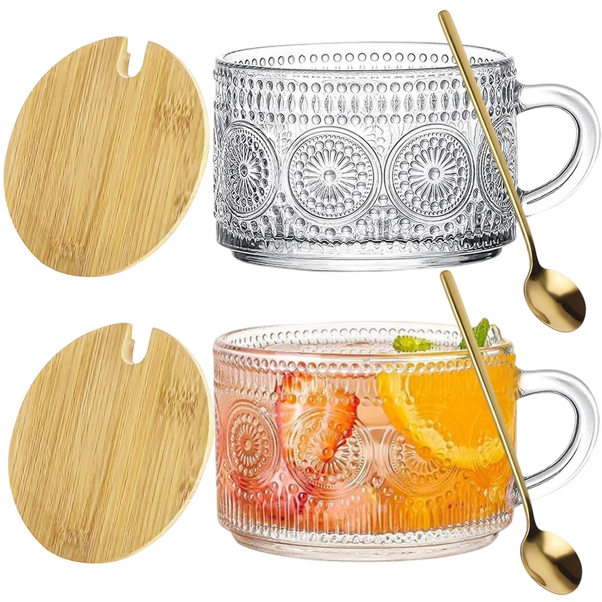 

2 Pack Vintage Coffee Tea Cups, Overnight Oats Containers with Bamboo Lids and Spoons - 14oz Clear Embossed Glass Cups