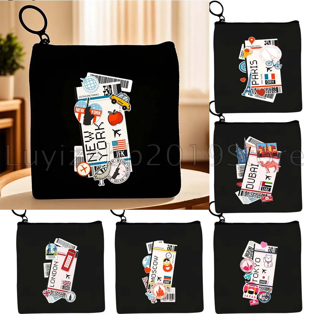 New York Parijs Londen Dubai Moskou Cairo Berlijn Tokyo Seoul Vliegtuig Ticket Instapkaart Canvas Portemonnee Sleuteletui Tas Etui