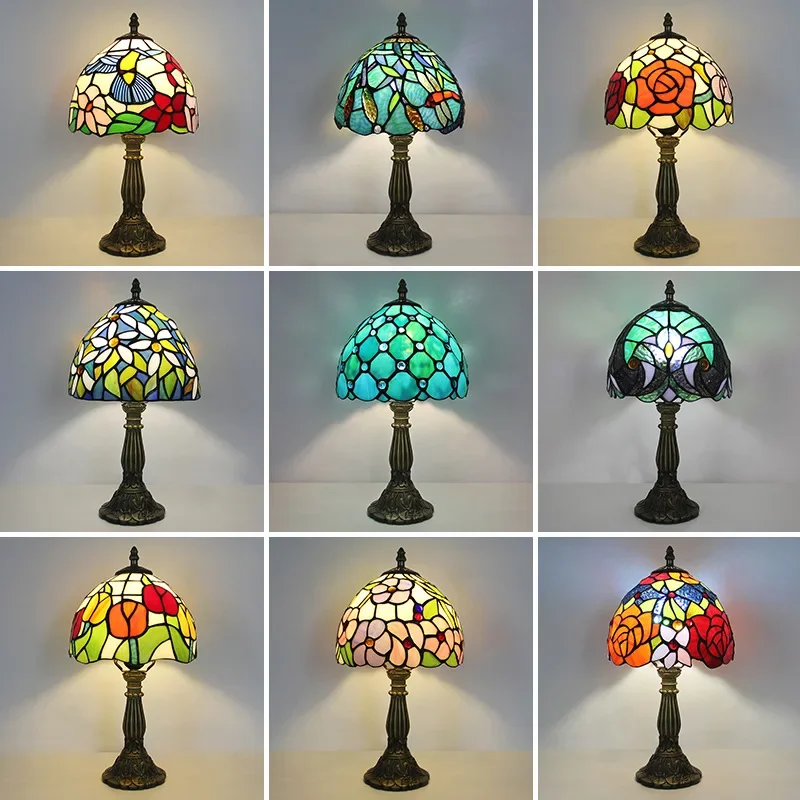 

American Retro Tiffany Stained Glass Nostalgic Table Lamp Restaurant Bedside Lamp Retro Cafe Bar Creative Lamp